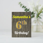 Faux Wood, Faux Gold 6th Birthday & Custom Name Briefkaart (Staand voorkant)