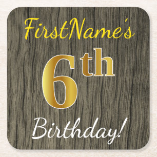 Faux Wood, Faux Gold 6th Birthday + Eigen naam Kartonnen Onderzetters
