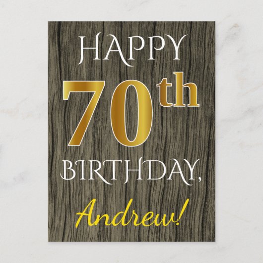 Faux Wood, Faux Gold 70th Birthday + Eigen naam Briefkaart (Voorkant)