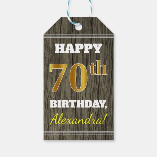 Faux Wood, Faux Gold 70th Birthday + Eigen naam Cadeaulabel (Voorkant)