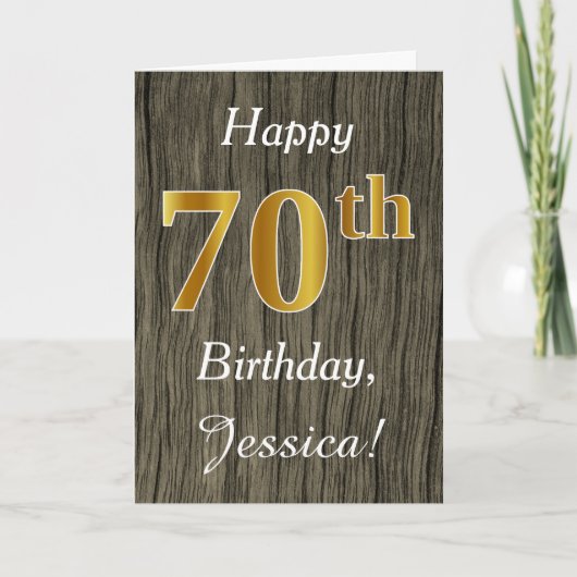 Faux Wood, Faux Gold 70th Birthday + Eigen naam Kaart (Voorkant)