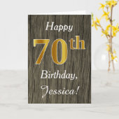 Faux Wood, Faux Gold 70th Birthday + Eigen naam Kaart (Gele Bloem)