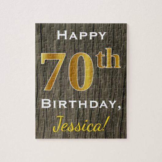 Faux Wood, Faux Gold 70th Birthday + Eigen naam Legpuzzel (Verticaal)
