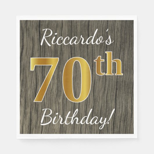 Faux Wood, Faux Gold 70th Birthday + Eigen naam Servetten (Voorkant)