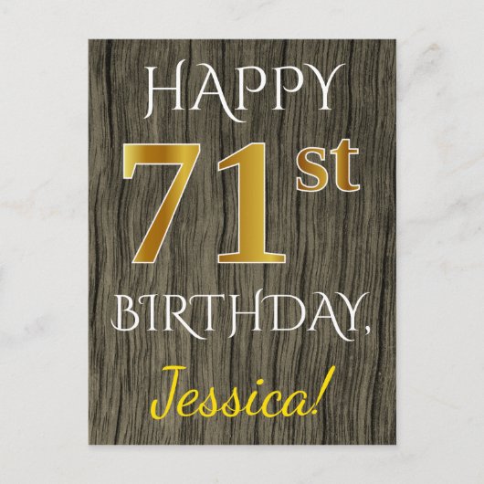 Faux Wood, Faux Gold 71st Birthday + Eigen naam Briefkaart (Voorkant)