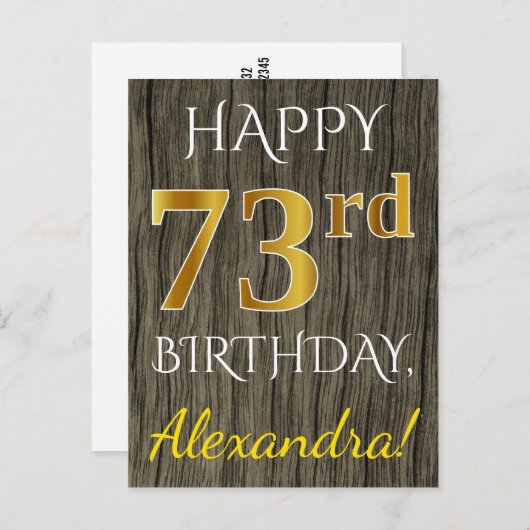 Faux Wood, Faux Gold 73rd Birthday + Eigen naam Briefkaart (Voorkant / Achterkant)