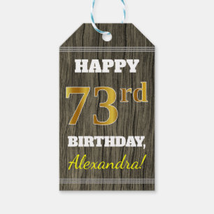Faux Wood, Faux Gold 73rd Birthday + Eigen naam Cadeaulabel