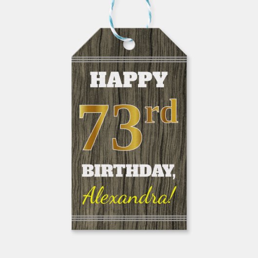 Faux Wood, Faux Gold 73rd Birthday + Eigen naam Cadeaulabel (Voorkant)