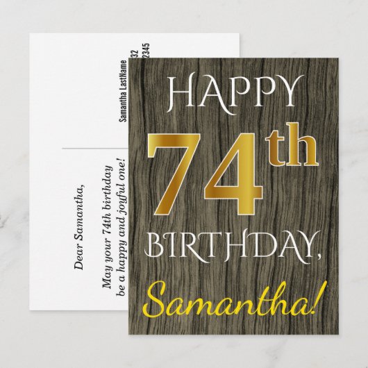 Faux Wood, Faux Gold 74th Birthday + Eigen naam Briefkaart (Voorkant / Achterkant)