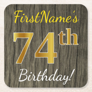 Faux Wood, Faux Gold 74th Birthday + Eigen naam Kartonnen Onderzetters