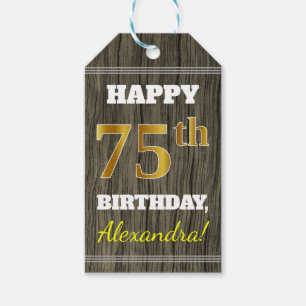 Faux Wood, Faux Gold 75th Birthday + Eigen naam Cadeaulabel