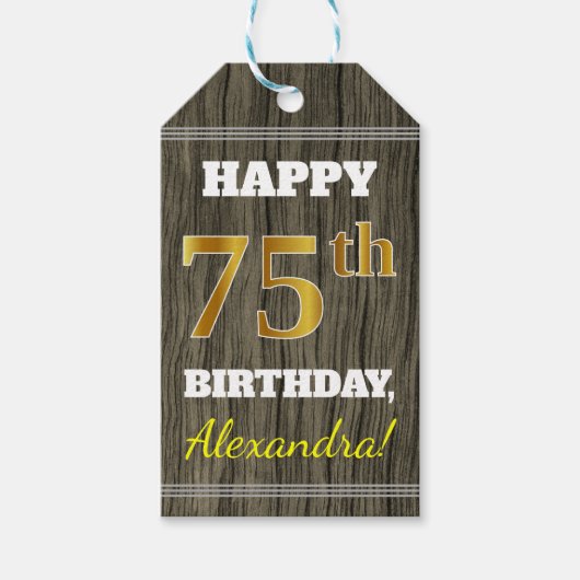 Faux Wood, Faux Gold 75th Birthday + Eigen naam Cadeaulabel (Voorkant)