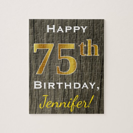 Faux Wood, Faux Gold 75th Birthday + Eigen naam Legpuzzel (Verticaal)