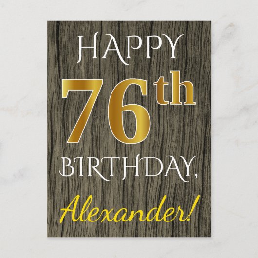 Faux Wood, Faux Gold 76th Birthday + Eigen naam Briefkaart (Voorkant)