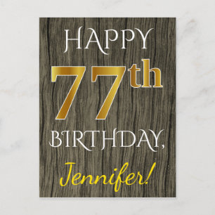 Faux Wood, Faux Gold 77th Birthday + Eigen naam Briefkaart