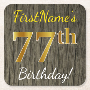 Faux Wood, Faux Gold 77th Birthday + Eigen naam Kartonnen Onderzetters