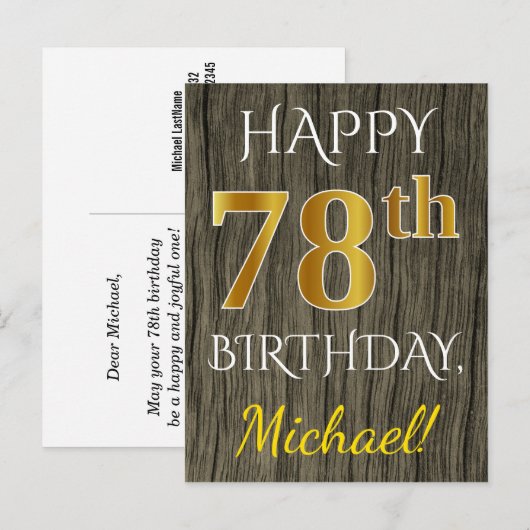Faux Wood, Faux Gold 78th Birthday + Eigen naam Briefkaart (Voorkant / Achterkant)