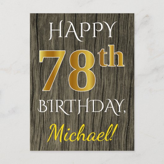 Faux Wood, Faux Gold 78th Birthday + Eigen naam Briefkaart (Voorkant)