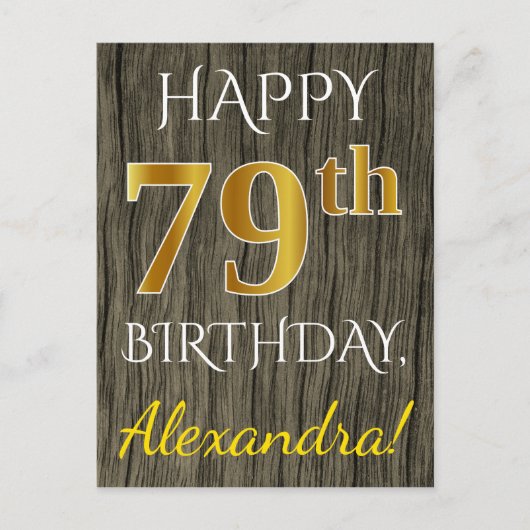 Faux Wood, Faux Gold 79th Birthday + Eigen naam Briefkaart (Voorkant)
