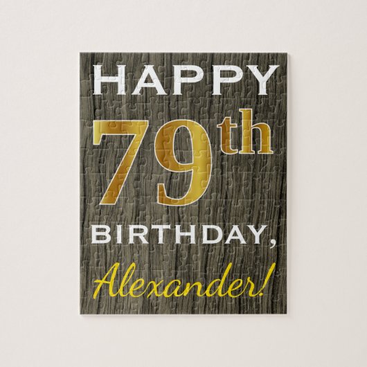 Faux Wood, Faux Gold 79th Birthday + Eigen naam Legpuzzel (Verticaal)