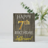 Faux Wood, Faux Gold 7th Birthday + Eigen naam Briefkaart (Staand voorkant)