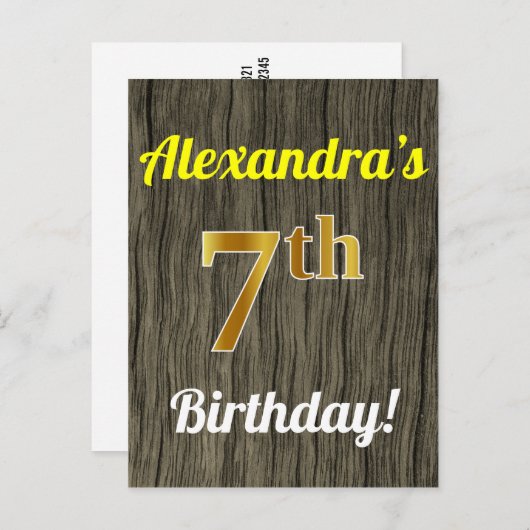Faux Wood, Faux Gold 7th Birthday en Custom Name Briefkaart (Voorkant / Achterkant)