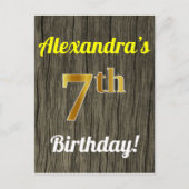 Faux Wood, Faux Gold 7th Birthday en Custom Name Briefkaart (Voorkant)