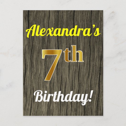 Faux Wood, Faux Gold 7th Birthday en Custom Name Briefkaart (Voorkant)