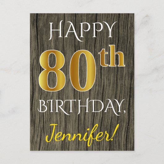 Faux Wood, Faux Gold 80th Birthday + Eigen naam Briefkaart (Voorkant)