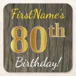 Faux Wood, Faux Gold 80th Birthday   Eigen naam Kartonnen Onderzetters<br><div class="desc">Dit eenvoudige papieren onderzetter ontwerp heeft een boodschap als "FirstName’s 80th Birthday!", met de "80th" met een faux / imitatie goudachtige kleur uiterlijk, op een achtergrond met een rustiek faux hout look patroon. De naam kan worden aangepast. Gepersonaliseerde papieren onderzetters zoals deze kunnen misschien gebruikt worden op een verjaardagsfeestje voor...</div>