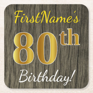 Faux Wood, Faux Gold 80th Birthday + Eigen naam Kartonnen Onderzetters