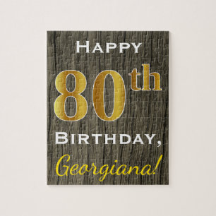 Faux Wood, Faux Gold 80th Birthday + Eigen naam Legpuzzel