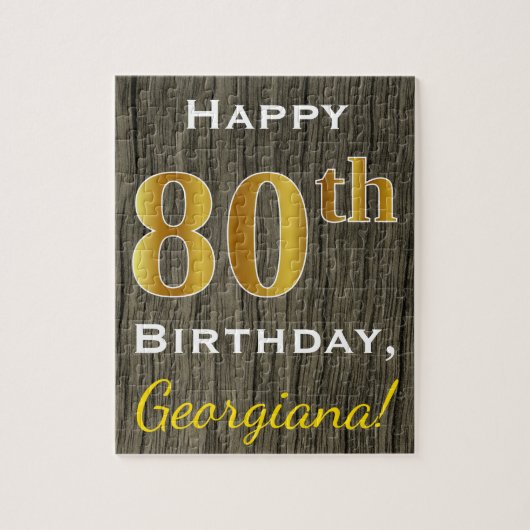 Faux Wood, Faux Gold 80th Birthday + Eigen naam Legpuzzel (Verticaal)