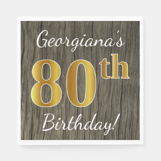 Faux Wood, Faux Gold 80th Birthday + Eigen naam Servetten (Voorkant)