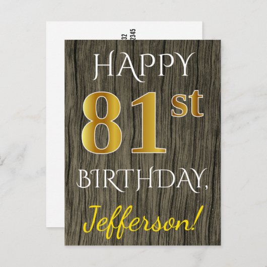 Faux Wood, Faux Gold 81st Birthday + Eigen naam Briefkaart (Voorkant / Achterkant)
