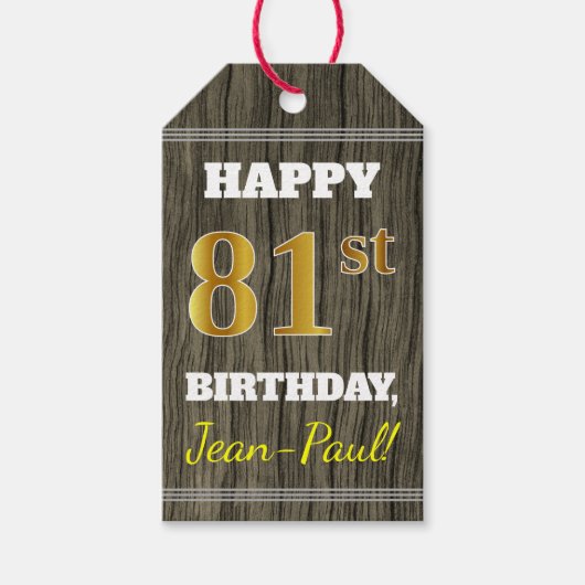 Faux Wood, Faux Gold 81st Birthday + Eigen naam Cadeaulabel (Voorkant)
