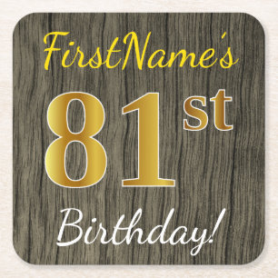Faux Wood, Faux Gold 81st Birthday + Eigen naam Kartonnen Onderzetters
