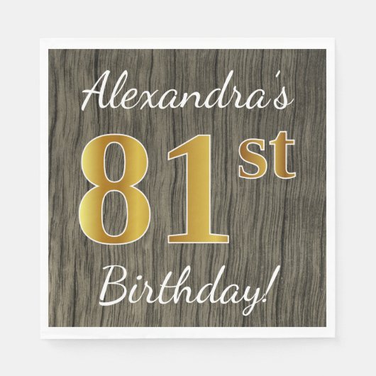 Faux Wood, Faux Gold 81st Birthday + Eigen naam Servetten (Voorkant)