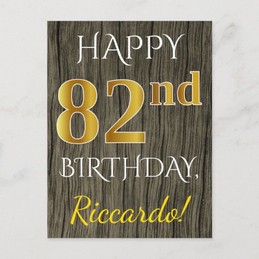 Faux Wood, Faux Gold 82nd Birthday + Eigen naam Briefkaart (Voorkant)