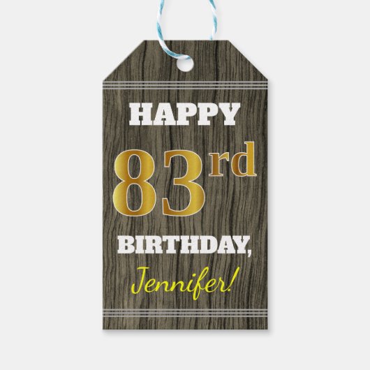 Faux Wood, Faux Gold 83rd Birthday + Eigen naam Cadeaulabel (Voorkant)