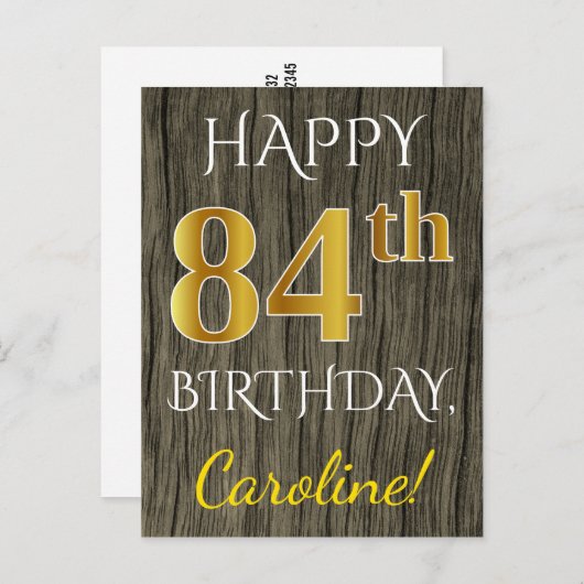 Faux Wood, Faux Gold 84th Birthday + Eigen naam Briefkaart (Voorkant / Achterkant)
