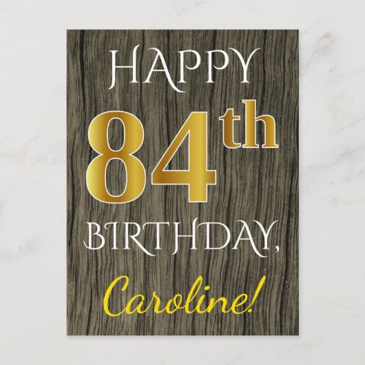 Faux Wood, Faux Gold 84th Birthday + Eigen naam Briefkaart (Voorkant)