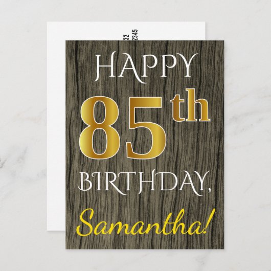 Faux Wood, Faux Gold 85th Birthday + Eigen naam Briefkaart (Voorkant / Achterkant)