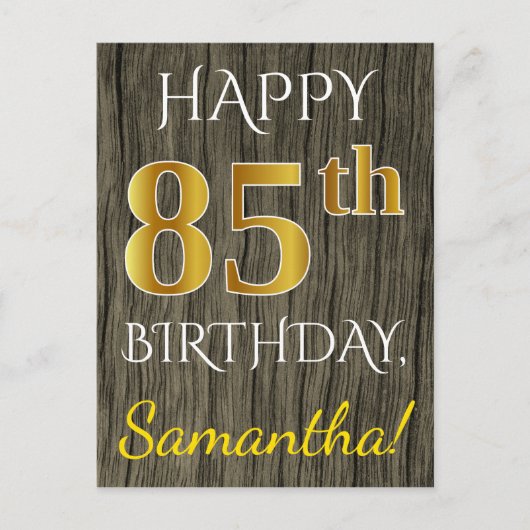 Faux Wood, Faux Gold 85th Birthday + Eigen naam Briefkaart (Voorkant)