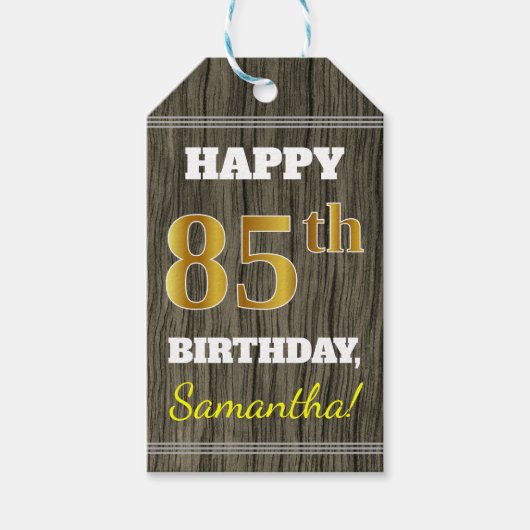 Faux Wood, Faux Gold 85th Birthday + Eigen naam Cadeaulabel (Voorkant)