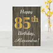 Faux Wood, Faux Gold 85th Birthday + Eigen naam Kaart (Gele Bloem)