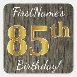 Faux Wood, Faux Gold 85th Birthday + Eigen naam Vierkante Sticker