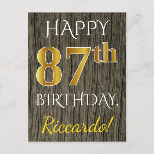 Faux Wood, Faux Gold 87th Birthday + Eigen naam Briefkaart (Voorkant)