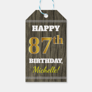 Faux Wood, Faux Gold 87th Birthday + Eigen naam Cadeaulabel