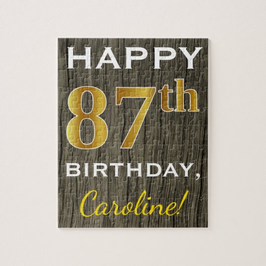 Faux Wood, Faux Gold 87th Birthday + Eigen naam Legpuzzel (Verticaal)